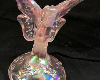 FENTON PINK IRIDESCENT BUTTERFLY ON BRANCH RING HOLDER, HAND PAINTED, SIGNED M.WAGNER