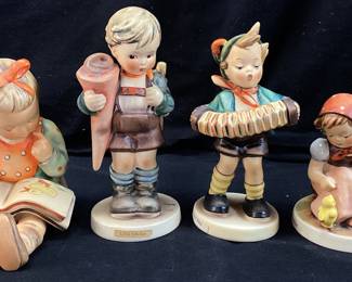 (4) VTG. GOEBEL HUMMEL FIGURINES, BOOKWORM, LITTLE SCHOLAR, ACCORDION BOY, CHICK GIRL