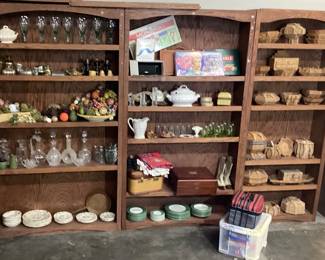 CHOICE SHELF LOT ASSORTED HOME DECOR, VTG. CUT GLASS, CHINA SETS, GLASSWARE, FOLK ART BASKET CRAFTS, HEAR, SEE & SAY NO EVIL MONKEES MADE IN JAPAN, CAST IRON FRUIT BOWL DOOR STOP, CAST IRON PINECONES