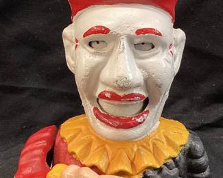 VTG. CAST IRON MECHANICAL CLOWN BANK, 7in H
