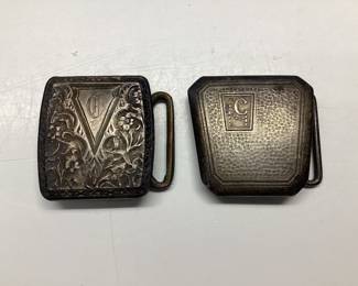 2) VTG. STERLING MONOGRAM BELT BUCKLES THESE BUCKLES FEATURE A C LETTER MONOGRAM. ONE BUCKLE IS FROM HICKOK. 41.3 GRAMS