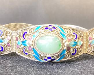 Vtg Custom Silver Jade And Enamel Bracelet This Handcrafted Silver Bracelet Features 5 Gorgeous Cabochon Jade Stones With Intricate Enamel Decoration And Detail. Weight Is 37.3 Grams