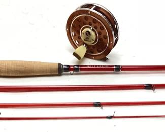 TED WILLIAMS TRIPLE CREST SINGLE ACTION FLY FISHING REEL & RUBY FIBERGLASS 4 PIECE 7ft 8in ROD