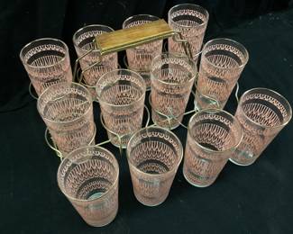 (12) MID CENTURY PINK SCALLOP GOLD RIM TUMBLERS SET, WITH 8 SLOT HOLDER NO SHIPPING PICKUP ONLY