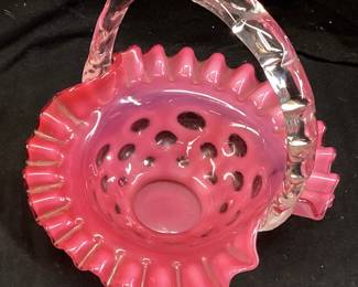  VTG. FENTON CRANBERRY COIN DOT OPALESCENT GLASS BASKET, RUFFLED EDGE, 8in