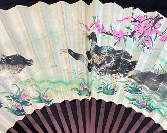 LARGE HAND PAINTED JAPANESE FAN, 34in H SLIGHT DAMAGE ON THE TOP EDGE