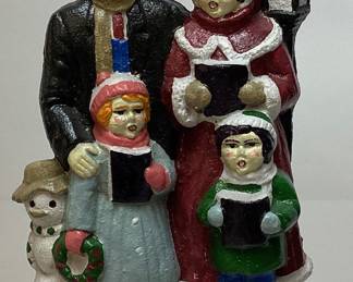 VTG. ARTMARK CAST IRON DICKENS FAMILY CHRISTMAS CAROLERS DOOR STOP, 7.5in H