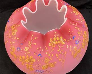 MT. WASHINGTON PINK SATIN GLASS ROSE BOWL, HAND PAINTED