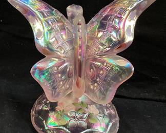 FENTON PINK IRIDESCENT BUTTERFLY ON BRANCH RING HOLDER, HAND PAINTED, SIGNED M.WAGNER
