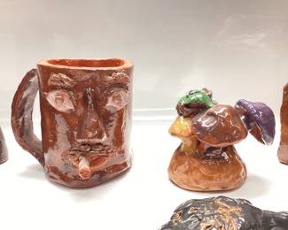 HANDMADE CLAY POTTERY UGLY FACE STYLE MUG, BIRD HOUSE, FARMER, DINOSAURS