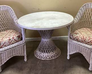 RUSSEL WOODARD STYLE PATIO TABLE & 2 WICKER CHAIRS NO SHIPPING PICKUP ONLY