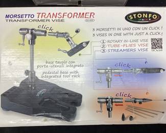STONFO TRANSFORMER VISE FLY TYING TOOL FOR FLY FISHING, MADE IN ITALY. 3 in 1 IN-LINE ROTARY, TUBE FLY AND STREAMER VISE. PEDESTAL BASE ROTARY HEAD ACTION