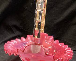  VTG. FENTON CRANBERRY COIN DOT OPALESCENT GLASS BASKET, RUFFLED EDGE, 8in