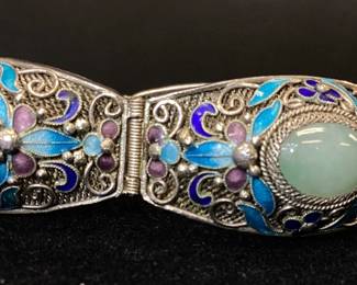 Vtg Custom Silver Jade And Enamel Bracelet This Handcrafted Silver Bracelet Features 5 Gorgeous Cabochon Jade Stones With Intricate Enamel Decoration And Detail. Weight Is 37.3 Grams