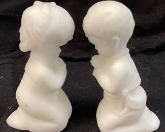 1972 FENTON WHITE SATIN GLASS PRAYING GIRL & BOY FIGURINES, 4in H THE BOYâ€™S HEAD HAS BEEN GLUED