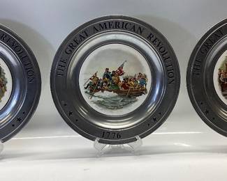 THE GREAT AMERICAN REVOLUTION 1776 COMMEMORATIVE PLATES PEWTER WITH PORCELAIN INLAY.