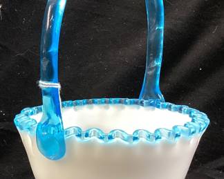 1960s FENTON AQUA CREST MILK GLASS BASKET w AQUA BLUE HANDLE & RUFFLED BLUE RIM