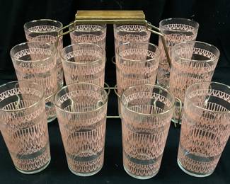 (12) MID CENTURY PINK SCALLOP GOLD RIM TUMBLERS SET, WITH 8 SLOT HOLDER NO SHIPPING PICKUP ONLY