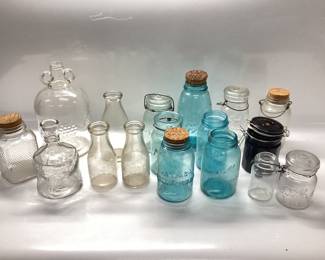 LARGE LOT OF VINTAGE JARS JOHNSON CITY MILK PRODUCERS, BLUE BALL, ATLAS, AMETHYST CANISTER JAR, ONE GALLON WINE JUG
