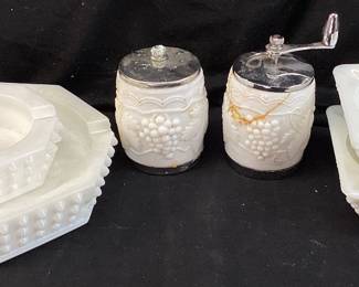 VTG. HOBNAIL MILK GLASS ASHTRAYS, WESTMORELAND PANELED GRAPE ASHTRAYS, GEORGE THOMPSON SALT & PEPPER SHAKERS