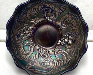 1911-18 FENTON IRIDESCENT BLUE CARNIVAL GLASS PINE CONE BOWL, 6.75in D, RARE DESIGN