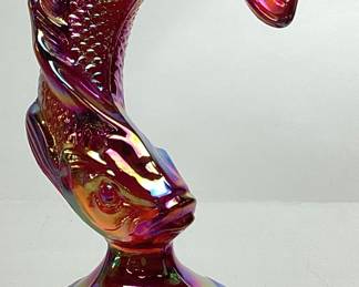 1970s FENTON RED IRIDESCENT CARNIVAL GLASS JUMPING TROUT PAPERWEIGHT, 5in H