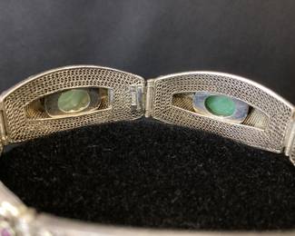 Vtg Custom Silver Jade And Enamel Bracelet This Handcrafted Silver Bracelet Features 5 Gorgeous Cabochon Jade Stones With Intricate Enamel Decoration And Detail. Weight Is 37.3 Grams
