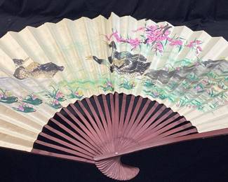 LARGE HAND PAINTED JAPANESE FAN, 34in H SLIGHT DAMAGE ON THE TOP EDGE