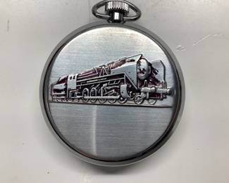 2) POCKET WATCHES, SATELLITE AND DUCKS GOLD TONE POCKET WATCH FEATURES FLYING MALLARDS WITH POCKET CHAIN AND BOX. ALSO A VTG. SATELLITE POCKET WATCH (NOT WORKING)