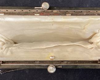  VTG. IVORY & SILVER BEADED EVENING PURSE KISS LOCK CLASP, METAL CHAIN