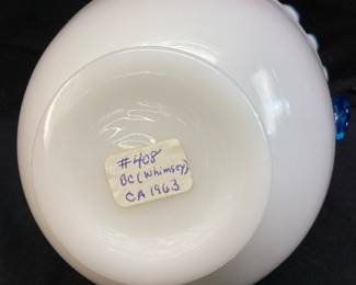 1960s FENTON AQUA CREST MILK GLASS BASKET w AQUA BLUE HANDLE & RUFFLED BLUE RIM