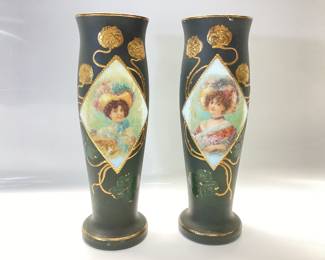 PAIR OF ANTIQUE VICTORIAN PAINTED ART MILK GLASS VASES GREEN SATIN WITH RAISED GOLD GILT PAINT