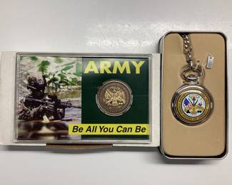 US ARMY COMMEMORATIVE WATCH AND COIN AVON US MILITARY EMBLEM POCKET WATCH AND US ARMY MEDALLION COIN