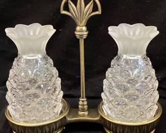  LENOX CRYSTAL HOSPITALITY PINEAPPLE SALT & PEPPER SHAKERS SET & BRONZE CADDY WITH BOX & COA