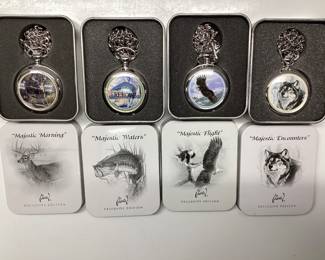 4) AVON MAJESTIC SERIES POCKET WATCHES WITH COLLECTIBLE METAL TINS. NOS
