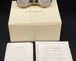  LENOX CRYSTAL HOSPITALITY PINEAPPLE SALT & PEPPER SHAKERS SET & BRONZE CADDY WITH BOX & COA