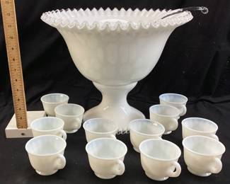 FENTON SILVER CREST MILK GLASS PUNCH BOWL SET, WITH STAND, LADDLE, 12 CUPS NO SHIPPING PICKUP ONLY