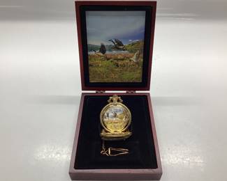 2) POCKET WATCHES, SATELLITE AND DUCKS GOLD TONE POCKET WATCH FEATURES FLYING MALLARDS WITH POCKET CHAIN AND BOX. ALSO A VTG. SATELLITE POCKET WATCH (NOT WORKING)