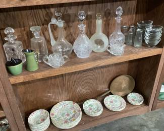 CHOICE SHELF LOT ASSORTED HOME DECOR, VTG. CUT GLASS, CHINA SETS, GLASSWARE, FOLK ART BASKET CRAFTS, HEAR, SEE & SAY NO EVIL MONKEES MADE IN JAPAN, CAST IRON FRUIT BOWL DOOR STOP, CAST IRON PINECONES