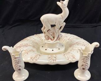 VTG. RED WING POTTERY DEER FOUNTAIN CENTERPIECE SET, & CANDLEHOLDERS SET NO SHIPPING PICKUP ONLY