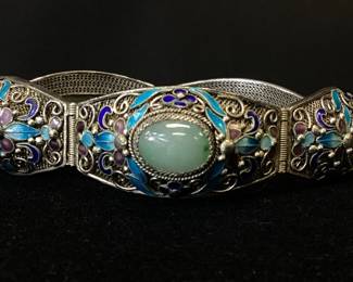 Vtg Custom Silver Jade And Enamel Bracelet This Handcrafted Silver Bracelet Features 5 Gorgeous Cabochon Jade Stones With Intricate Enamel Decoration And Detail. Weight Is 37.3 Grams