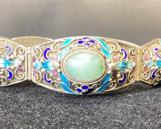 Vtg Custom Silver Jade And Enamel Bracelet This Handcrafted Silver Bracelet Features 5 Gorgeous Cabochon Jade Stones With Intricate Enamel Decoration And Detail. Weight Is 37.3 Grams