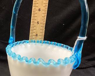 1960s FENTON AQUA CREST MILK GLASS BASKET w AQUA BLUE HANDLE & RUFFLED BLUE RIM