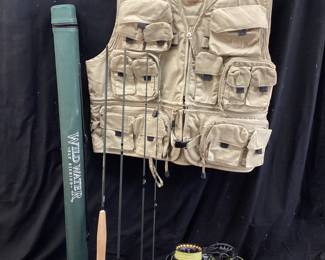 FLY FISHING COMBO REEL w EXTRA CARTRIDGES, WILD WATER 4 PIECE ROD & SPORTSMAN VEST