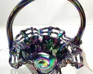 FENTON AMETHYST CARNIVAL GLASS BASKETWEAVE RUFFLED EDGE BASKET, 8in