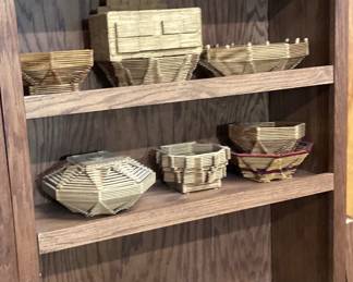 CHOICE SHELF LOT ASSORTED HOME DECOR, VTG. CUT GLASS, CHINA SETS, GLASSWARE, FOLK ART BASKET CRAFTS, HEAR, SEE & SAY NO EVIL MONKEES MADE IN JAPAN, CAST IRON FRUIT BOWL DOOR STOP, CAST IRON PINECONES