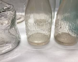 LARGE LOT OF VINTAGE JARS JOHNSON CITY MILK PRODUCERS, BLUE BALL, ATLAS, AMETHYST CANISTER JAR, ONE GALLON WINE JUG