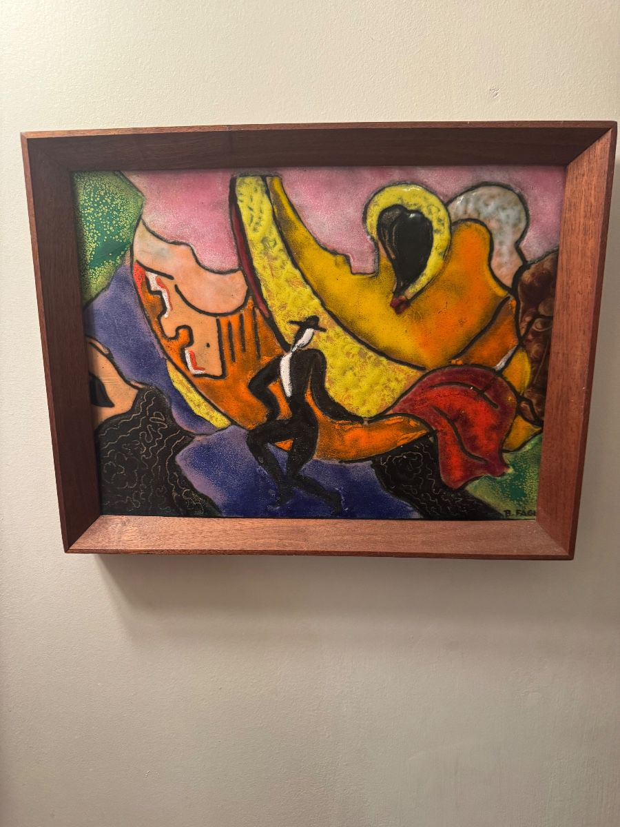 A vibrant mid-century enamel-on-copper or ceramic tile work based on the 1912 painting Russisches Ballett | walnut shadow-box frame |  Approx. 14" W x 11" H (including frame) $100