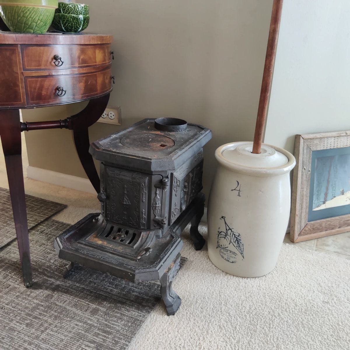 Stove, butter churn