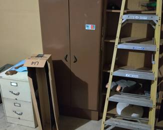 Garage cabinets, file box, ladder